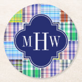 Preppy Patchwork Madras Navy Quatrefoil Monogram Ronde Kartonnen Onderzetter (Voorkant)