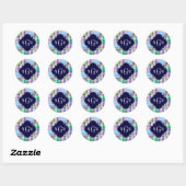 Preppy Patchwork Madras Navy Quatrefoil Monogram Ronde Sticker (Vel)