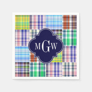 Preppy Patchwork Madras Navy Quatrefoil Monogram Servetten