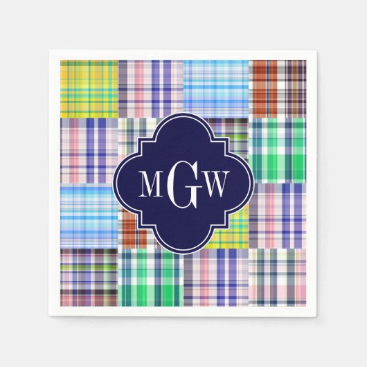 Preppy Patchwork Madras Navy Quatrefoil Monogram Servetten (Voorkant)