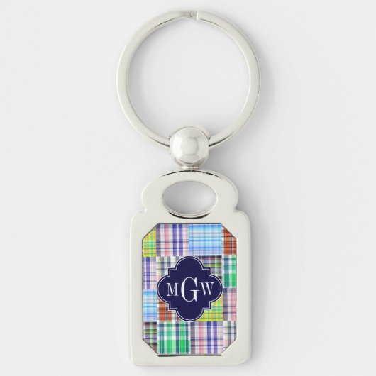 Preppy Patchwork Madras Navy Quatrefoil Monogram Sleutelhanger (Voorkant)