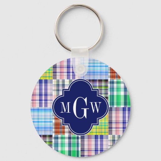 Preppy Patchwork Madras Navy Quatrefoil Monogram Sleutelhanger (Voorkant)