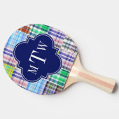 Preppy Patchwork Madras Navy Quatrefoil Monogram Tafeltennisbatje (Zijkant)
