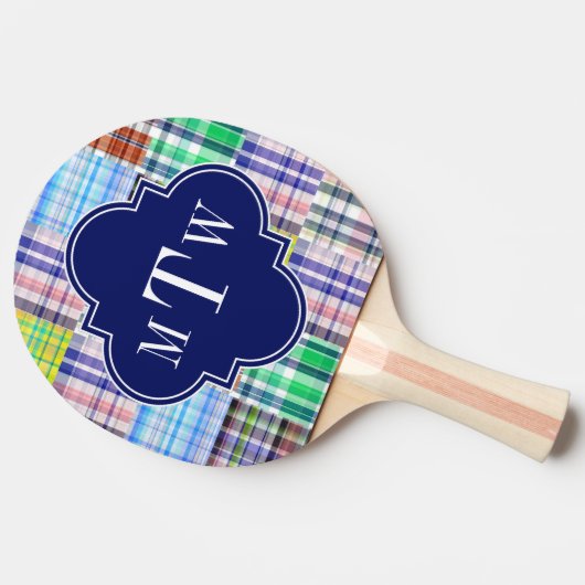 Preppy Patchwork Madras Navy Quatrefoil Monogram Tafeltennisbatje (Zijkant)