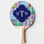Preppy Patchwork Madras Navy Quatrefoil Monogram Tafeltennisbatje (Voorkant)