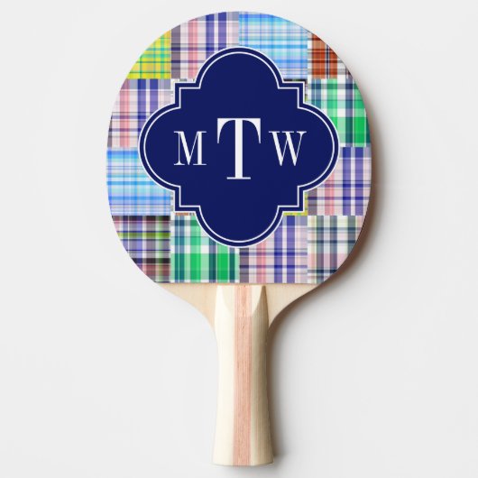 Preppy Patchwork Madras Navy Quatrefoil Monogram Tafeltennisbatje (Voorkant)