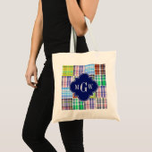 Preppy Patchwork Madras Navy Quatrefoil Monogram Tote Bag (Voorkant (product))