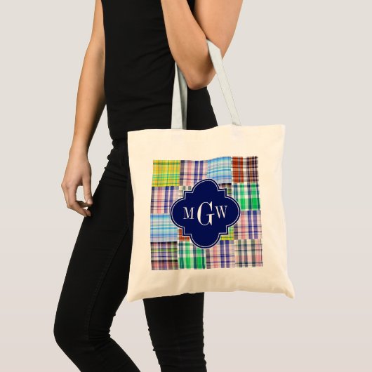 Preppy Patchwork Madras Navy Quatrefoil Monogram Tote Bag (Voorkant (product))