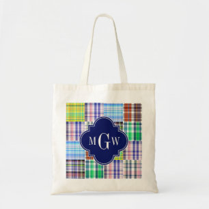 Preppy Patchwork Madras Navy Quatrefoil Monogram Tote Bag