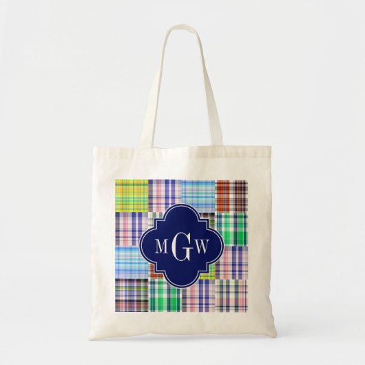 Preppy Patchwork Madras Navy Quatrefoil Monogram Tote Bag (Voorkant)