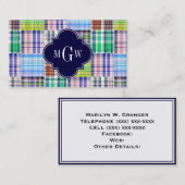 Preppy Patchwork Madras Navy Quatrefoil Monogram Visitekaartje (Voorkant / Achterkant)