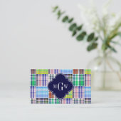 Preppy Patchwork Madras Navy Quatrefoil Monogram Visitekaartje (Staand voorkant)