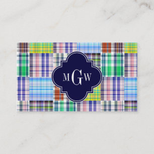 Preppy Patchwork Madras Navy Quatrefoil Monogram Visitekaartje