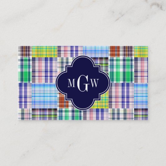 Preppy Patchwork Madras Navy Quatrefoil Monogram Visitekaartje (Voorkant)