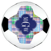 Preppy Patchwork Madras Navy Quatrefoil Monogram Voetbal (Gedraaid)