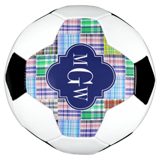 Preppy Patchwork Madras Navy Quatrefoil Monogram Voetbal (Gedraaid)