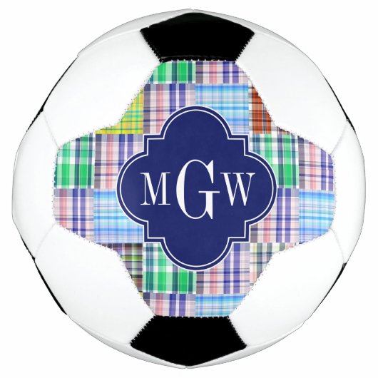 Preppy Patchwork Madras Navy Quatrefoil Monogram Voetbal (Voorkant)
