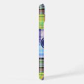 Preppy Patchwork Madras Navy Vierbladig Monogram iPhone Hoesje (Rechterkant)