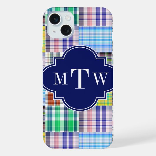 Preppy Patchwork Madras Navy Vierbladig Monogram iPhone Hoesje (Achterkant)