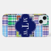 Preppy Patchwork Madras Navy Vierbladig Monogram iPhone Hoesje (Achterkant horizontaal)