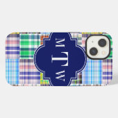 Preppy Patchwork Madras Navy Vierbladig Monogram iPhone Hoesje (Achterkant horizontaal)