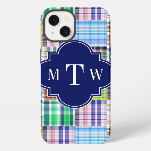 Preppy Patchwork Madras Navy Vierbladig Monogram iPhone Hoesje (Achterkant)