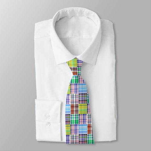 Preppy Patchwork Madras Navy Vierbladig Monogram Stropdas (Gebonden)