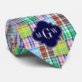 Preppy Patchwork Madras Navy Vierbladig Monogram Stropdas (Opgerold)