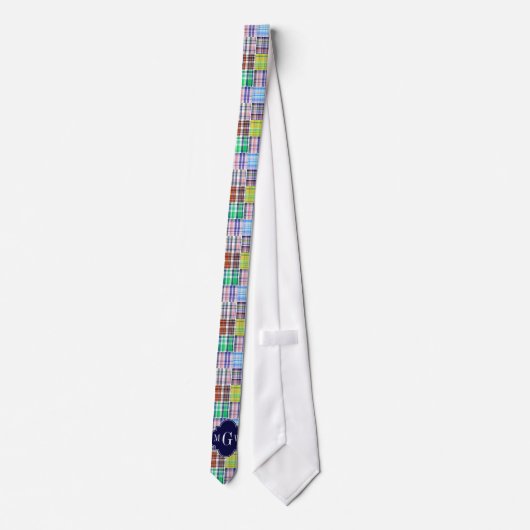 Preppy Patchwork Madras Navy Vierbladig Monogram Stropdas (Achterkant)