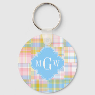 Preppy Patchwork Madras Pastel Quatrefoil Initiale Sleutelhanger