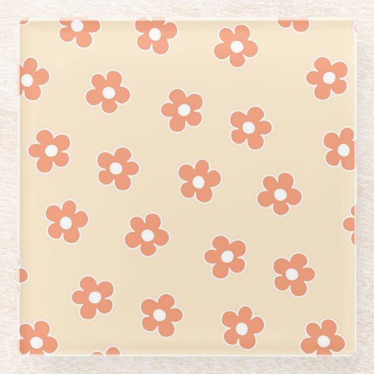 Preppy Peach White Hippie Flower Pattern Glazen Onderzetter (Voorkant)