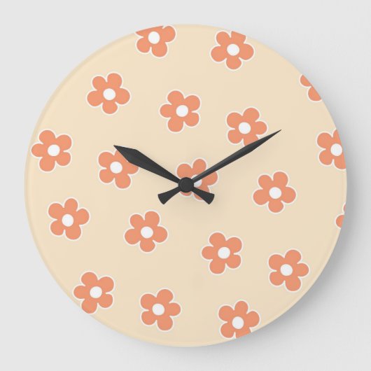 Preppy Peach White Hippie Flower Pattern Grote Klok (Voorkant)