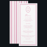 Preppy Peony Pink Chic Monogram Wedding Menu Card Kaart<br><div class="desc">Preppy Peony Pink Monogram Wedding Menu Card — a chic, polished reception detail for a stylish modern wedding. Inspired by the preppy romance aesthetic and barbiecore pink trend, this elegant long menu card is perfect for the classic country club bride who loves timeless feminine stationery. Style it with gold cutlery,...</div>