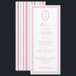 Preppy Peony Pink Chic Monogram Wedding Menu Card Kaart<br><div class="desc">Preppy Peony Pink Monogram Wedding Menu Card — a chic, polished reception detail for a stylish modern wedding. Inspired by the preppy romance aesthetic and barbiecore pink trend, this elegant long menu card is perfect for the classic country club bride who loves timeless feminine stationery. Style it with gold cutlery,...</div>