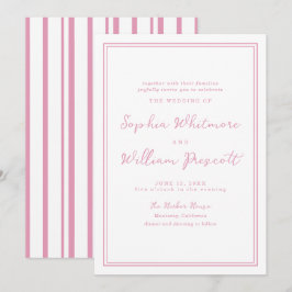 Preppy Peony Pink Striped Wedding Invitation Kaart