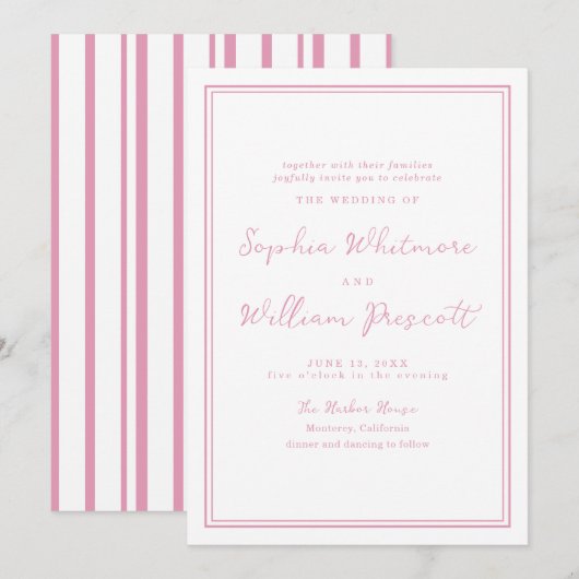 Preppy Peony Pink Striped Wedding Invitation Kaart (Voorkant / Achterkant)