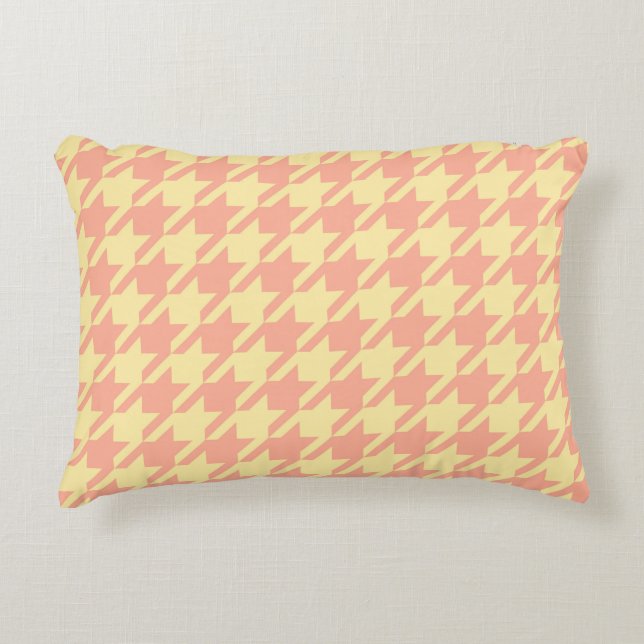 Preppy Pepita Houndstooth Pastel Peach Geel Accent Kussen (Voorkant)
