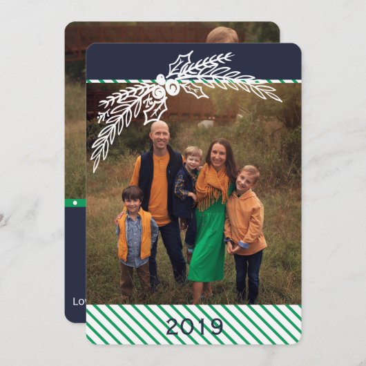 Preppy persoonlijke Dot Stripe Holly 2-fotokaart Feestdagenkaart (Voorkant / Achterkant)