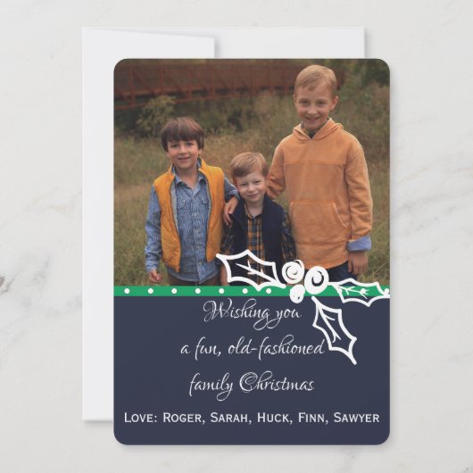 Preppy persoonlijke Dot Stripe Holly 2-fotokaart Feestdagenkaart (Achterkant)