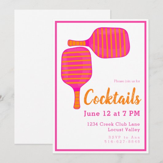 Preppy Pickleball Cocktail Party Roze Sinaasappel Kaart (Voorkant / Achterkant)