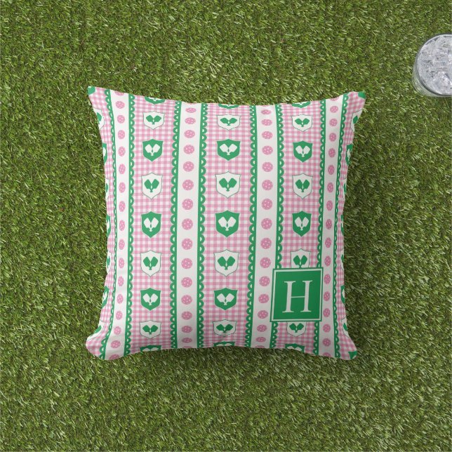 Preppy Pickleball Crest Gingham - Roze & Groen Buitenkussen (Gras)