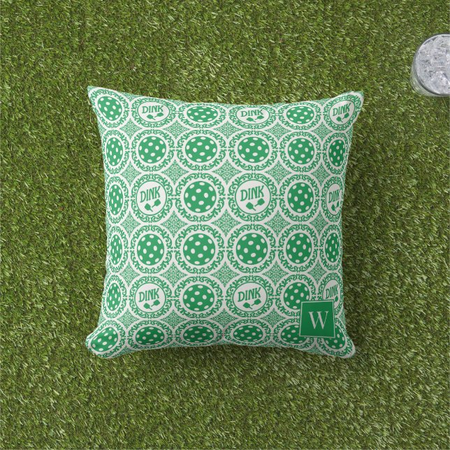 Preppy Pickleball Damask – Green Dink Motif   Buitenkussen (Gras)