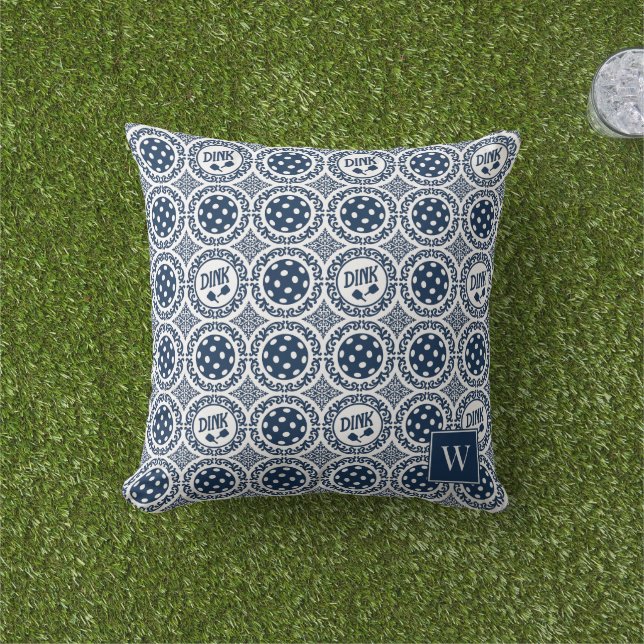 Preppy Pickleball Damask – Navy Dink Motief   Buitenkussen (Gras)