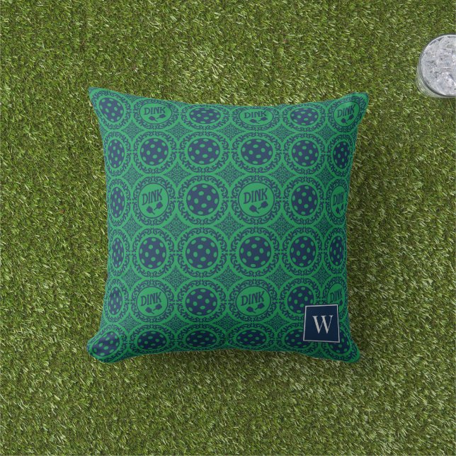 Preppy Pickleball Damask – Navy & Green Dink   Buitenkussen (Gras)