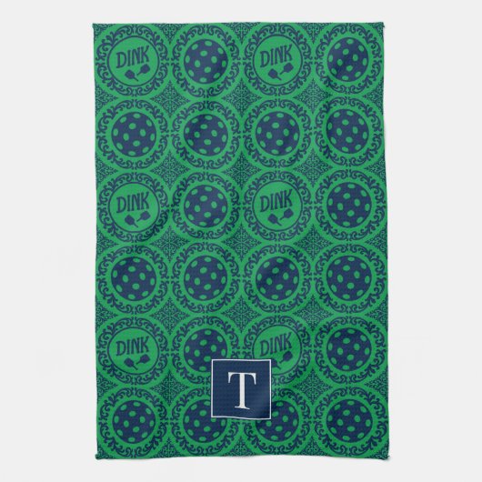 Preppy Pickleball Damask - Navy & Green Dink  Theedoek (Verticaal)