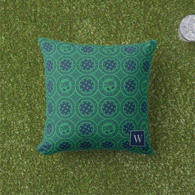 Preppy Pickleball Damask – Navy & Groen Dink   Buitenkussen (Gras)