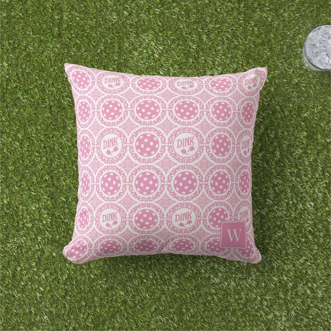 Preppy Pickleball Damask – Pink Dink Motif   Buitenkussen (Gras)