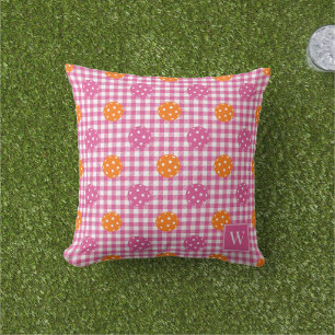 Preppy Pickleball Gingham – Heet Roze & Oranje Buitenkussen