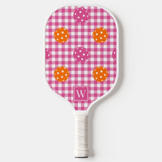 Preppy Pickleball Gingham Lichtroze Oranje Monogra Paddle (Voorkant)