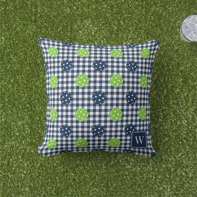 Preppy Pickleball Gingham – Marineblauw & Lime Buitenkussen (Gras)